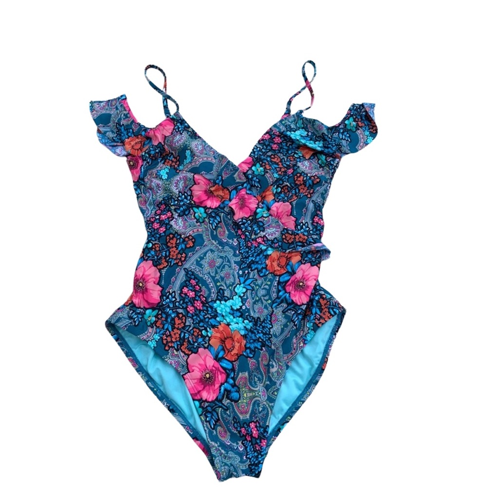 Laundry by Shelli Segal Women’s Medium Floral Ruffle Off Shoulder Swimsuit